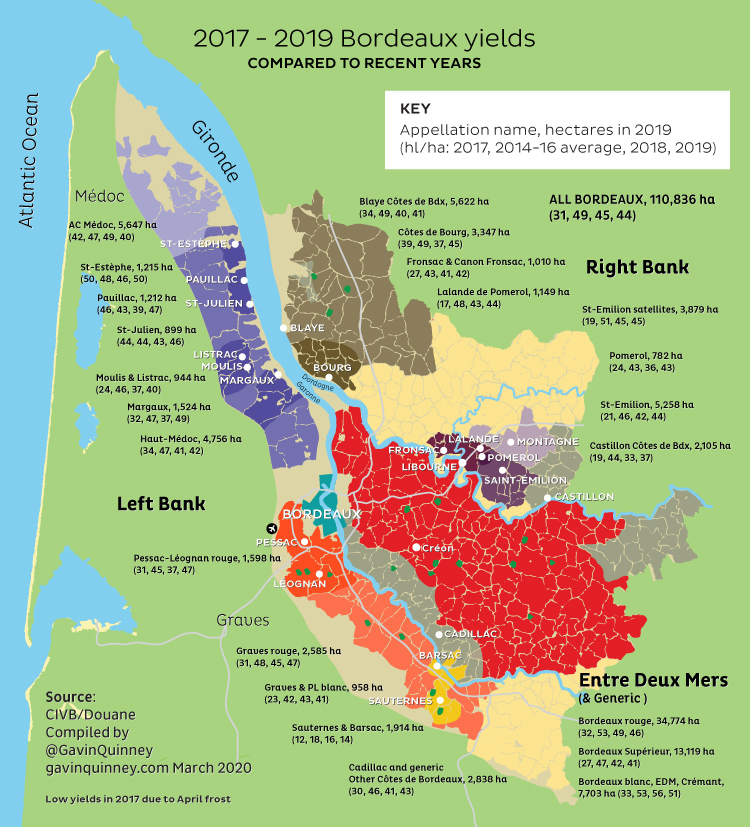 Map showing 2017-2019 Bordeaux yields compared to recent years
