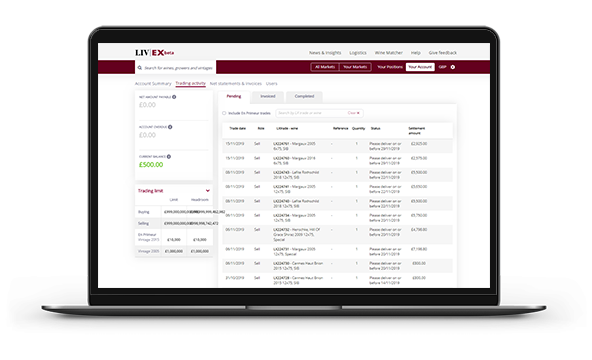 Wine trading platform selling interface