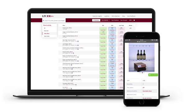 Laptop rendering of wine trading platform interface