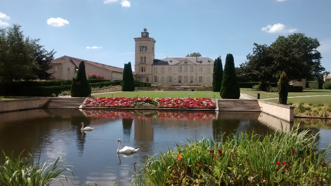 A pond with a swan in the foreground, an old chateau in the background